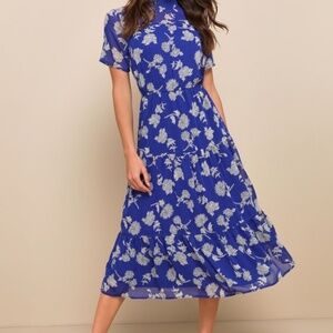 Lulus Floral Dressed Up Royal Blue Floral Print Midi Dress - Size M